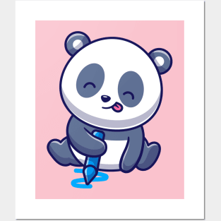 Cute Panda Drawing With Crayon Cartoon Posters and Art